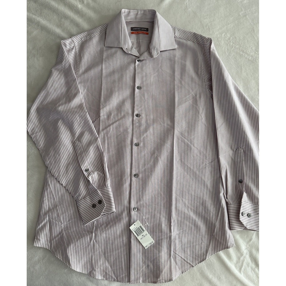 Geoffrey Beene Fitted Red White Wrinkle Free Striped Dress Shirt 15½ 32/33